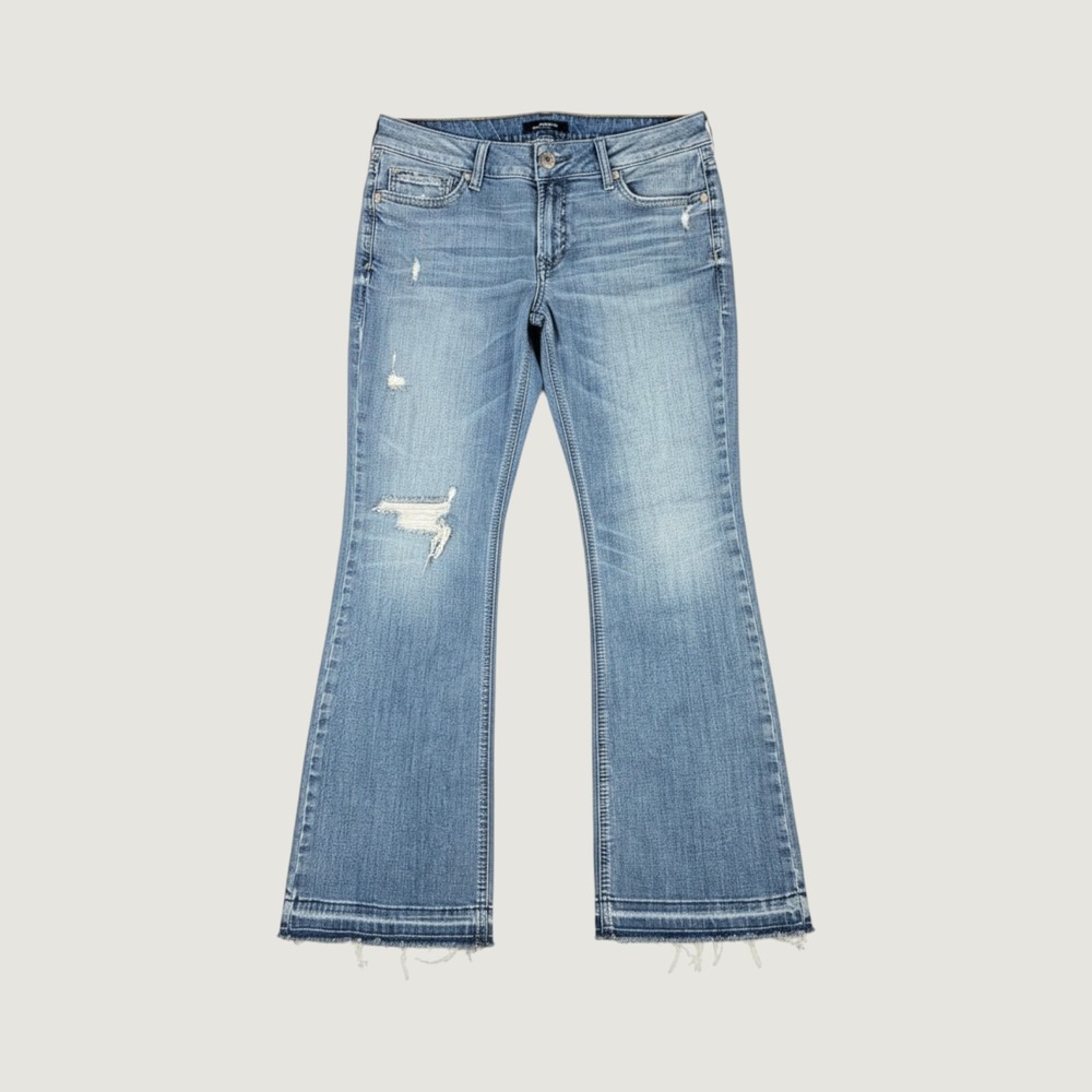 Ariat REAL Denim Mid Rise Bootcut Jeans Distressed Frayed Hem Medium Wash 13299